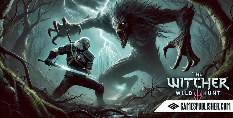 Geralt from The Witcher faces a monstrous enemy in an intense battle scene set in a dark, eerie forest with a stormy sky. Geralt, with white hair and wearing his iconic armor, holds a glowing sword ready to strike. The monstrous creature, with sharp claws and menacing eyes, lunges at him. Lightning illuminates the scene, adding to the dramatic and charged atmosphere.