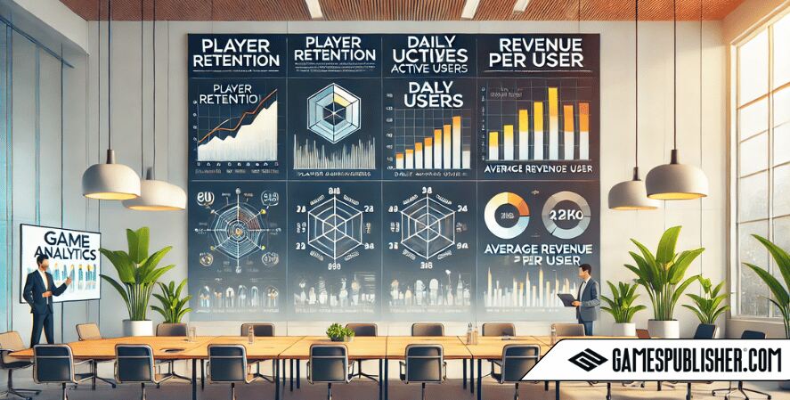 A clean and minimalistic illustration showcasing key metrics in game analytics, divided into three sections for player retention, engagement, and monetization. Each section features large, clear text and simplified graphical representations, making it easy to understand in a modern corporate environment.