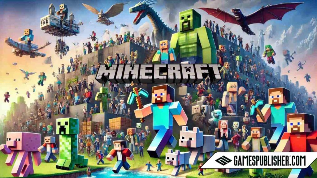 Featuring Minecraft game and showcashing game elements. The Gamespublisher logo is visible on the lower right side of the image.