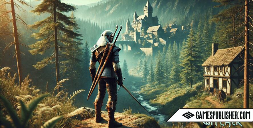 A lone adventurer resembling Geralt from The Witcher explores a fantasy landscape with lush forests and a medieval castle in the background. The adventurer, with white hair and clad in Geralt-like armor, carries a sword and backpack. Natural light and shadows blend the character seamlessly into the surroundings, creating a harmonious and immersive atmosphere.