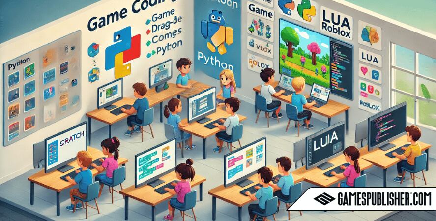 Children in a classroom setting use popular game coding languages: younger kids with Scratch, older kids with Python, and some designing games in Roblox using Lua, underlined by educational posters about coding concepts.