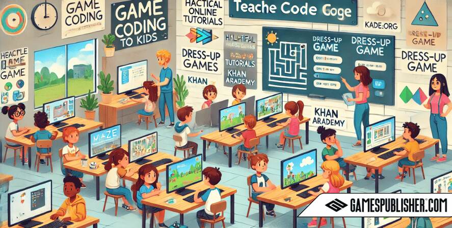 Children in a classroom engage in various coding projects, such as maze and dress-up games, with some building a platformer game, supported by online tutorials and guides displayed on screens, fostering a creative and exploratory learning environment.