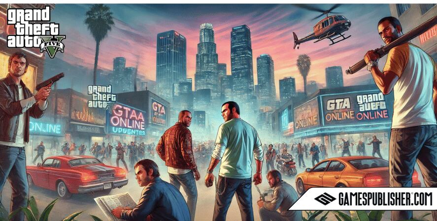 A dynamic scene showing sustained player engagement strategies in Grand Theft Auto V, displaying the three main characters, Michael, Franklin, and Trevor, in various engaging activities. The scene includes aspects of GTA Online with multiplayer interactions, new content updates like missions and events, and player freedom with customizable cars and properties. The active community and modding scene are highlighted with user-generated content and modifications. The environment is vibrant and lively, reflecting the continuous updates and engaging gameplay that keep players interested.