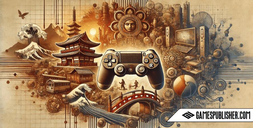 A detailed image showcasing cultural representation within the gaming industry. It features distinct cultural symbols, architecture, and landscapes from different parts of the world, integrated into a dynamic gaming environment with elements like game controllers, consoles, and screens.