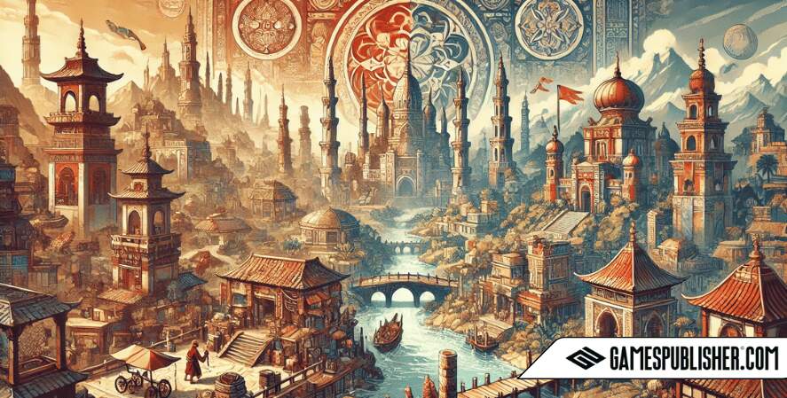 A detailed image showcasing cultural representation in video games, featuring 3 to 4 distinct cultural elements such as symbols, architecture, and landscapes from different parts of the world.