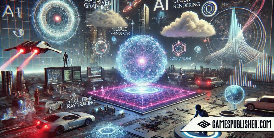 A futuristic scene showcasing the future of game graphics, featuring AI-driven graphics with detailed textures and animations, cloud-based rendering with data streams, and immersive AR/VR experiences with holographic elements. The image combines both realistic and imaginative elements, with real-time ray tracing effects enhancing lifelike visuals. The overall tone is visionary, reflecting emerging technologies and innovations in the gaming industry.