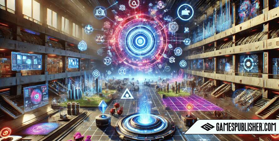 The image showcases a futuristic, vibrant virtual gaming world where players use advanced tools and technologies to create custom content, such as levels, mods, and character designs. Elements of AI and VR are subtly integrated into the scene, symbolizing the next generation of PGC. The environment is dynamic and innovative, reflecting how PGC will continue to evolve and shape the future of gaming experiences.