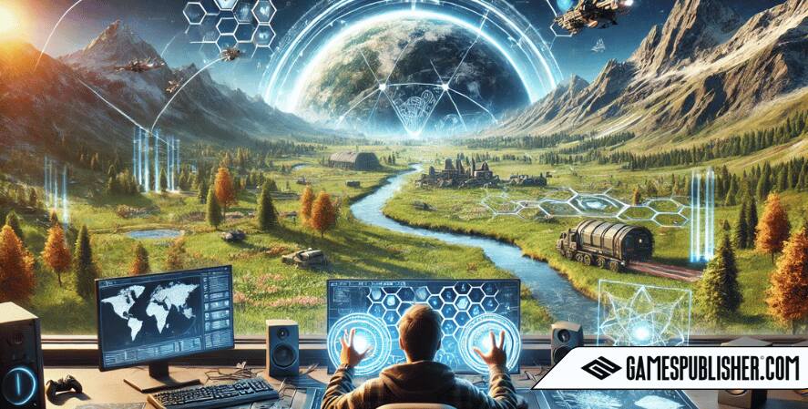  A depiction of 'The Future of Procedural Generation in Games,' featuring a futuristic landscape with diverse environments like forests, mountains, and a high-tech city, all seamlessly procedurally generated with stunning detail. In the foreground, a game developer works excitedly on an advanced computer with holographic displays showing complex algorithms and evolving landscapes, highlighting the potential and innovation of procedural generation in the future of gaming.