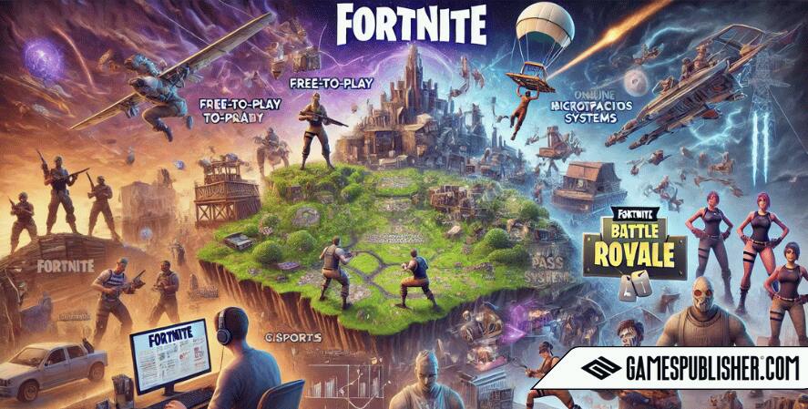 A detailed image illustrating the impact of Fortnite's strategies on the gaming industry. The image showcases how Fortnite has set industry trends, with the adoption of free-to-play and Battle Pass systems by other games. It includes scenes representing the rise of esports, featuring competitive tournaments with large prizes and the professionalization of gaming. The image also depicts challenges and criticisms, such as concerns about microtransactions and managing a large, diverse community, including issues like online toxicity and cheating. The composition highlights Fortnite's significant influence on the gaming industry while acknowledging the challenges it faces.