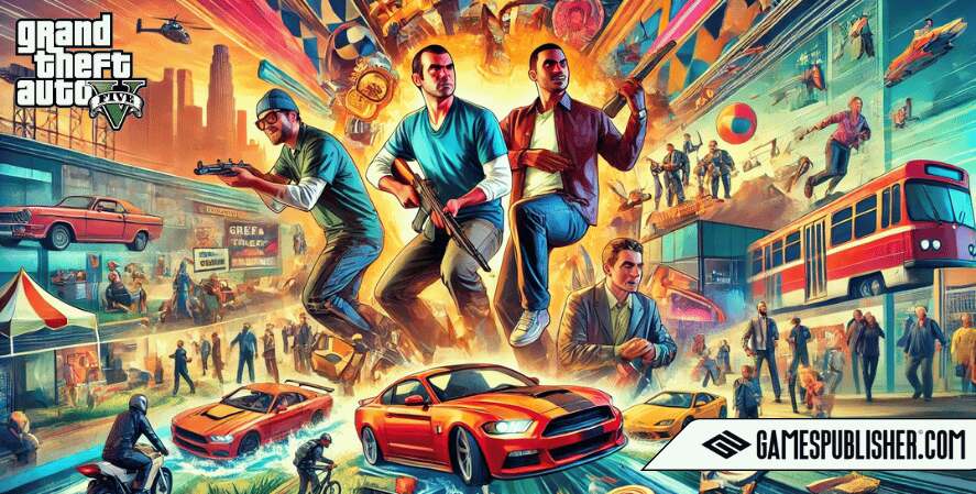 A vibrant and dynamic scene depicting the sustained player engagement strategies in Grand Theft Auto V, featuring the three main characters, Michael, Franklin, and Trevor, involved in various engaging activities. The scene showcases GTA Online with multiplayer interactions, new content updates like missions and events, and player freedom with customizable cars and properties. The active community and modding scene are highlighted with user-generated content and modifications. The environment is lively and bustling, reflecting the continuous updates and engaging gameplay that keep players coming back.