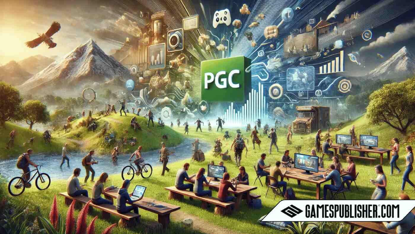 The image shows a lively, natural landscape where a diverse group of players is engaged in creating and sharing player-generated content (PGC) within an open-world game environment. The scene features a lush, green forest with mountains in the background, while players work collaboratively on custom levels, mods, and character designs. The atmosphere is vibrant and creative, highlighting the evolution of the game over time through the contributions of its community, symbolizing how PGC enhances game longevity and engagement.