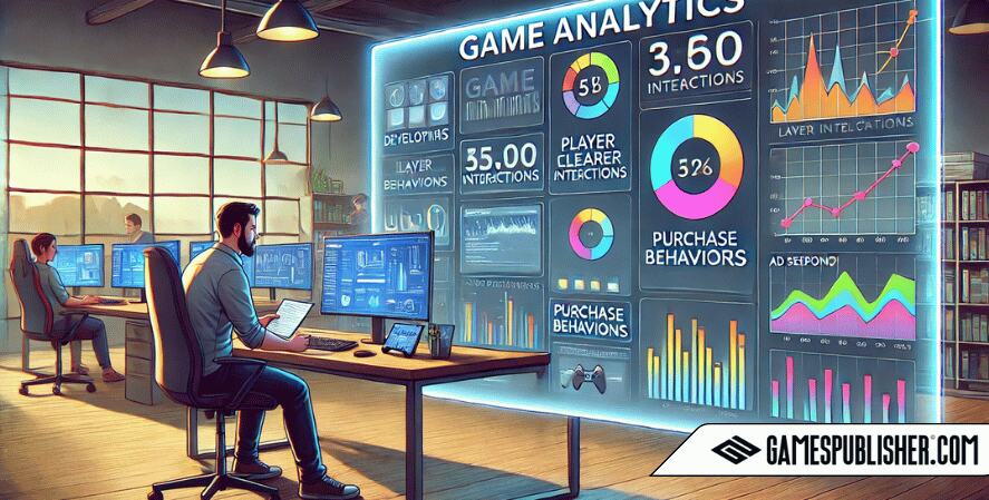  A game developer in a sleek, modern office analyzes a digital dashboard with larger, clearer text and distinct colorful graphs showing player interactions and monetization strategies, highlighting the role of game analytics in optimizing game design and revenue.