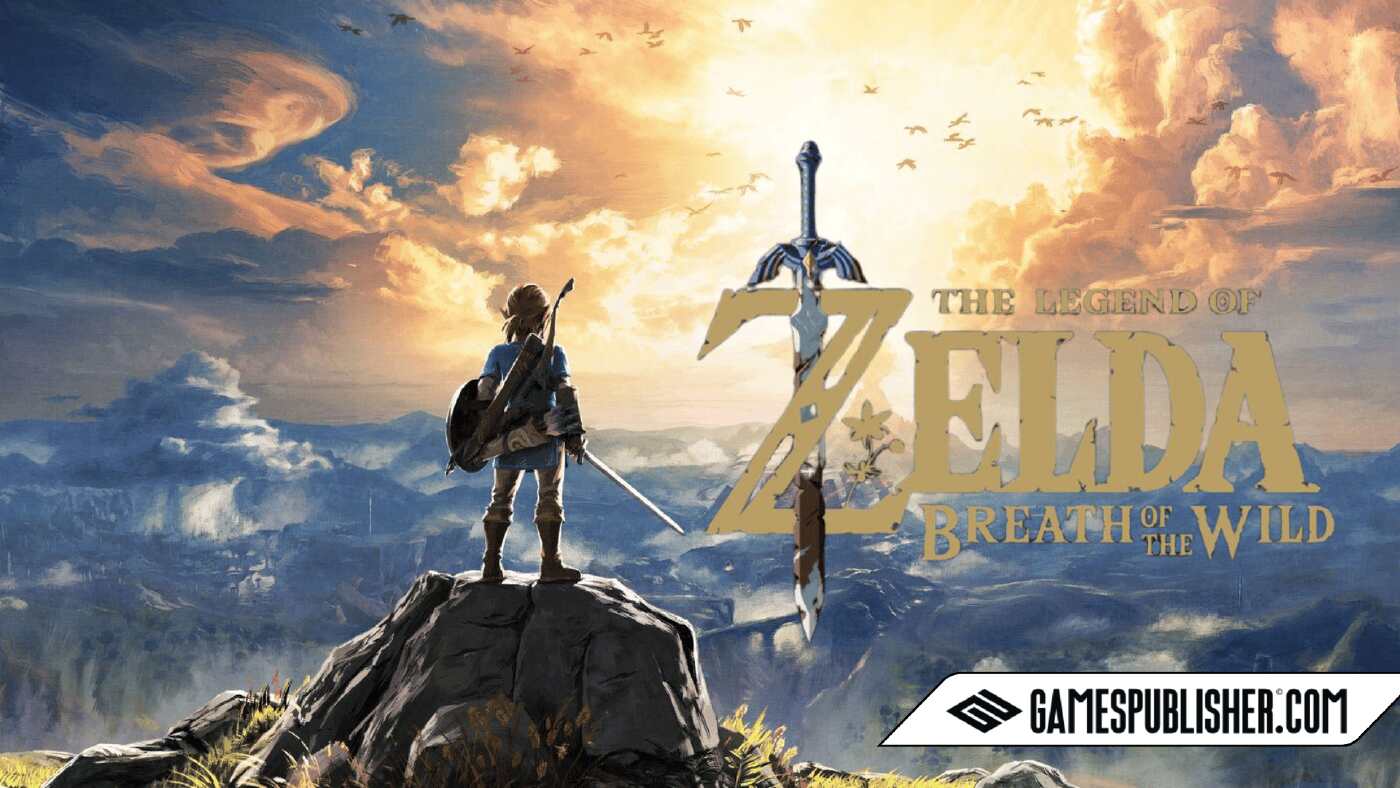 Cover art for The Legend of Zelda: Breath of the Wild showing the protagonist, Link, standing on a cliff overlooking a vast, scenic landscape with mountains and clouds. The game's title is prominently displayed, along with the website GamesPublisher.com.