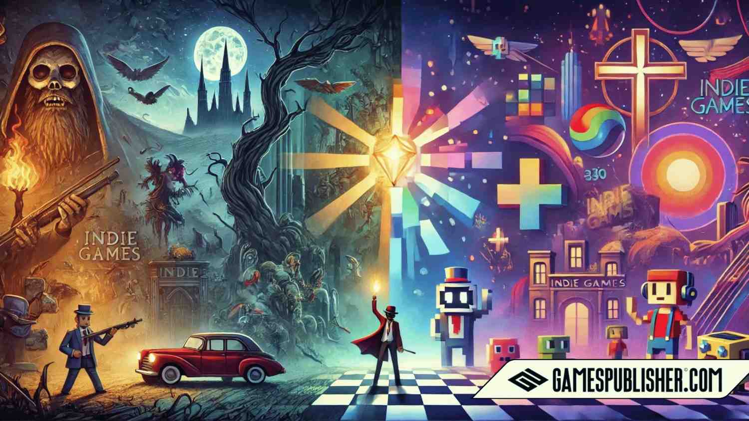 A dynamic digital artwork showcasing the success of indie games through unique graphics, featuring elements of gothic art, 1930s cartoon-style characters, simple pixel art, and vibrant 3D landscapes, representing the blend of 2D and 3D art styles and creative use of color in indie games.