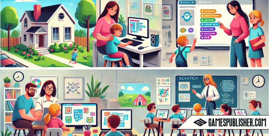 A parent assists a child with coding at home, while a teacher uses Scratch to teach coding concepts in a classroom, highlighting the importance of support and recognition in children's coding education.