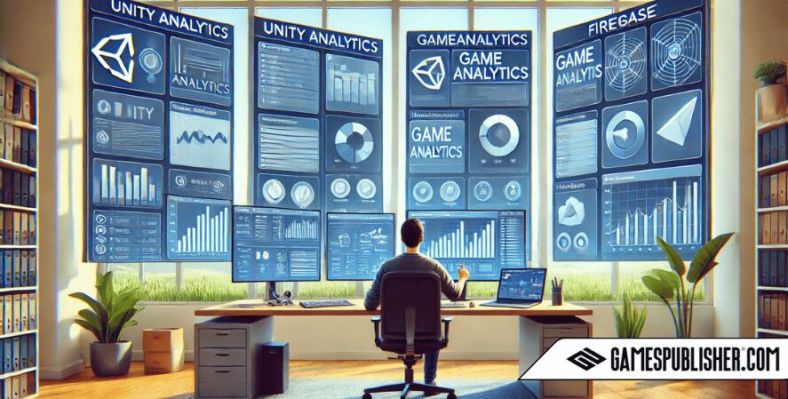 A game developer works in a bright, organized office, engaging with three main monitors each displaying an analytics tool—Unity Analytics, GameAnalytics, and Firebase—with simplified and clear interfaces showing key metrics in player behavior, monetization, and performance.