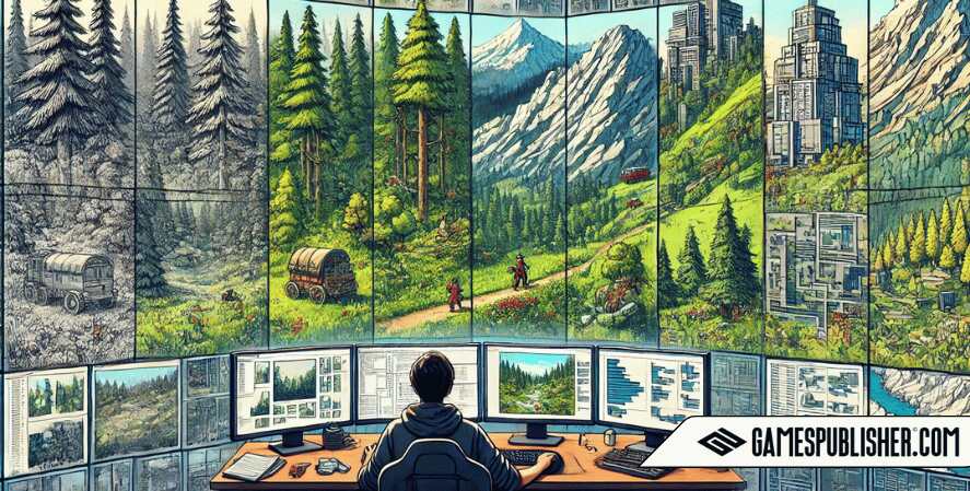 A clear depiction of 'Types of Procedural Generation in Games,' featuring a split-screen view of different environments: a dense forest, a mountainous region, and a cityscape, each representing a different type of procedural generation. A game developer works at a computer in the foreground, with each type of environment emerging from the screen, illustrating the diversity of procedural generation techniques in game development.