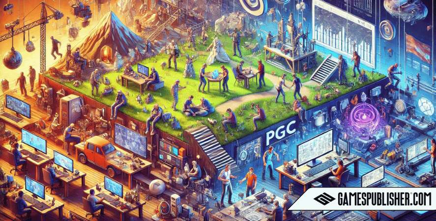 The image depicts various elements of Player-Generated Content (PGC) in a vibrant, collaborative virtual gaming world. Players are seen engaging in activities like designing custom levels, creating mods, and crafting unique character skins. The background subtly illustrates the evolution of PGC, showing a progression from simple modifications to complex, community-driven projects. The environment is lively and immersive, capturing the creativity and engagement that PGC fosters within the gaming community.