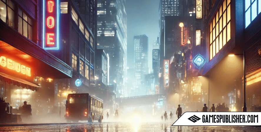 A futuristic urban scene at night with neon lights reflecting off wet surfaces, showcasing the concept of ray tracing. Water mirrors the environment accurately, and shadows appear soft and natural, emphasizing lifelike visuals. The image highlights the interaction of light with detailed buildings and an overcast sky, reflecting the balance between stunning graphics and the technical demands required for smooth gameplay in modern gaming.