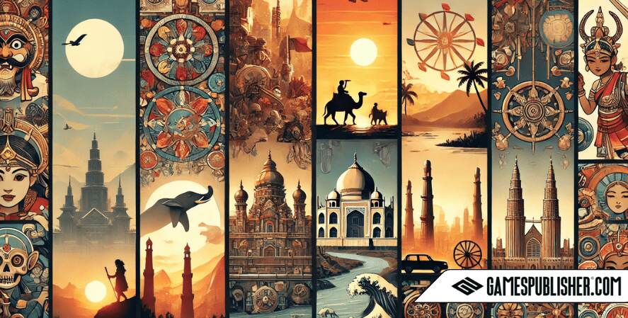 A detailed image showcasing cultural representation in video games, featuring 3 to 4 distinct cultural elements such as symbols, architecture, and landscapes from different parts of the world.