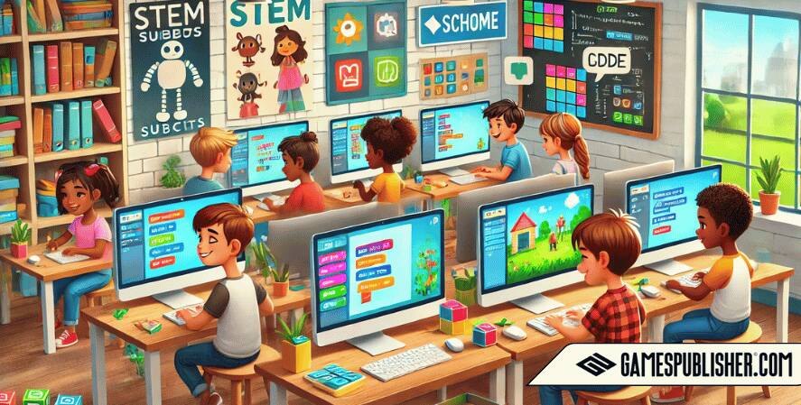 Children of diverse backgrounds, aged 8-12, engage in coding on computers in a classroom filled with STEM resources, showcasing their creativity and problem-solving skills.