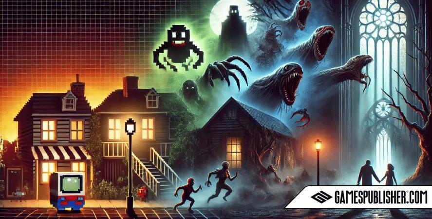 A dynamic scene depicting the evolution of horror games in the industry, starting with pixelated monsters and eerie 2D environments, transitioning into modern horror game settings with realistic creatures, detailed haunted mansions, forests, and dark alleys