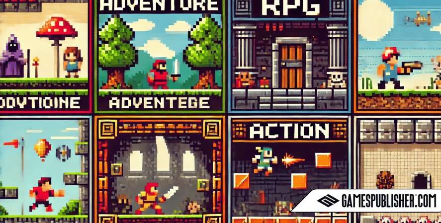 An image styled like a classic video game screen, divided into three sections representing different game genres: a pixel art scene of a character exploring a forest for adventure, a hero battling monsters in a dungeon for RPG, and a character jumping over obstacles for action.