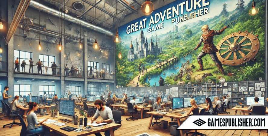 A vibrant office of a leading adventure game publisher, featuring a wall mural of a fantasy landscape, with employees engaged in various creative tasks such as character design and programming, embodying innovation and a passion for storytelling.