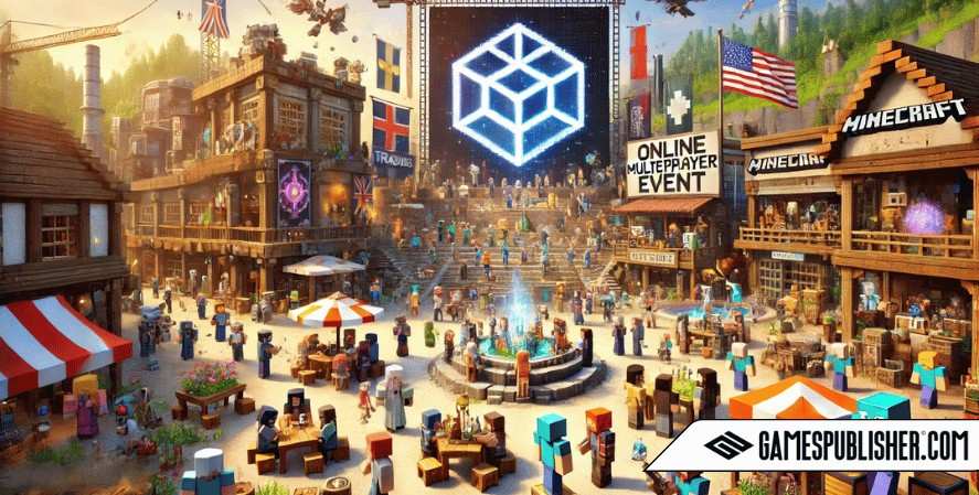 A vibrant Minecraft scene showing players gathered in a lively in-game town square, engaging in activities like building, trading, and socializing. Unique player-built structures line the square, symbolizing collaboration and cultural exchange. In the background, a multiplayer event banner emphasizes the community involvement in the game.