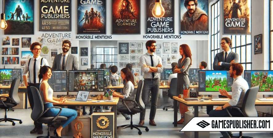 A creative and optimistic workspace for adventure game publishers who have received honorable mentions, featuring a team engaged in discussion over a game layout, surrounded by commendations and visuals of their celebrated game titles, without any trophies visible.