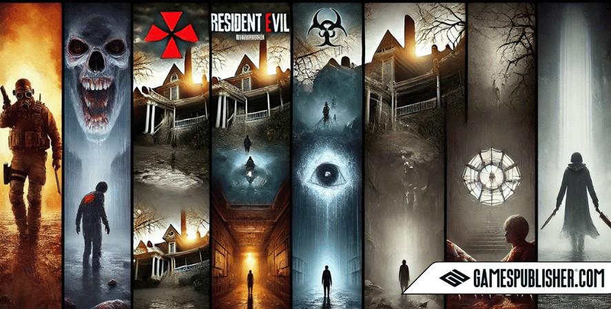 A visually split image featuring four iconic horror games and their publishers. The sections show: 1. Konami’s "Silent Hill" with a foggy, eerie town and shadowy figures. 2. Bloober Team’s "Layers of Fear" with a distorted painting in a creepy gallery. 3. Frictional Games’ "Amnesia: The Dark Descent" with a shadowy dungeon lit by candles. 4. Red Barrels' "Outlast" with a chilling scene inside a blood-streaked, abandoned asylum. Each section reflects the unique horror aesthetic of the games.