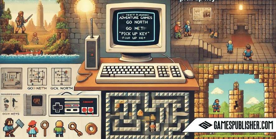 The scene includes symbols of adventure such as keys, maps, and hidden treasures, set against a retro aesthetic that captures the nostalgic sense of exploration and discovery.