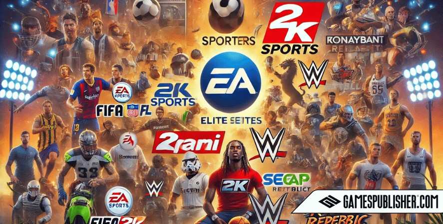 The background is dynamic, filled with sports elements and vibrant colors. Top Sports Game