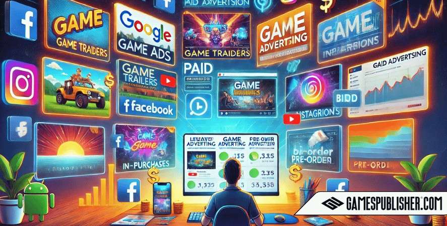 Surrounding the scene are digital currency symbols and bidding tools, symbolizing the financial aspect of paid advertising. The bright colors reflect the impactful nature of paid ads in game marketing.