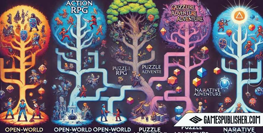 An image showing the growth and diversification of RPGs and adventure games, featuring a tree-like structure with branches labeled as different subgenres: Action RPG, Open-World RPG, Puzzle Adventure, and Narrative Adventure.