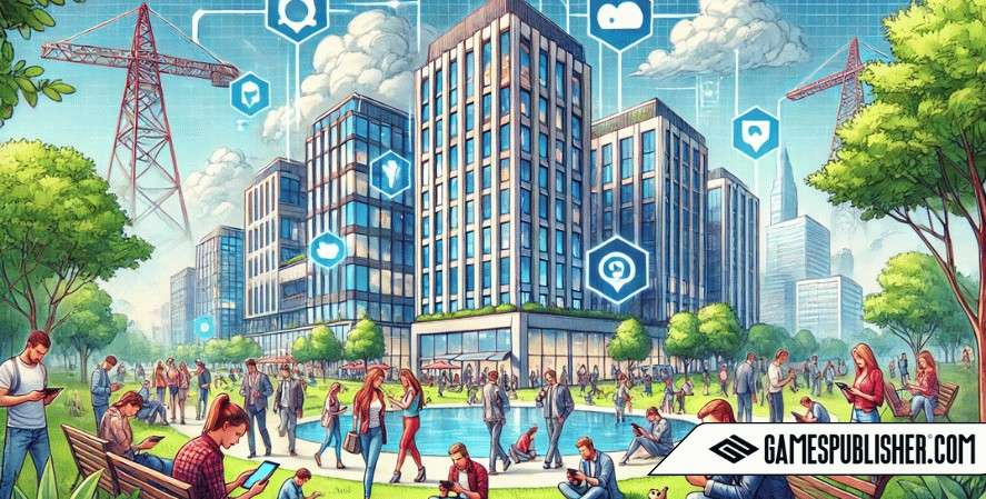 Here's the image depicting the role of mobile gaming companies, set in a lively urban park where people are immersed in playing games on their mobile devices. This scene captures the widespread influence of mobile gaming in modern society.