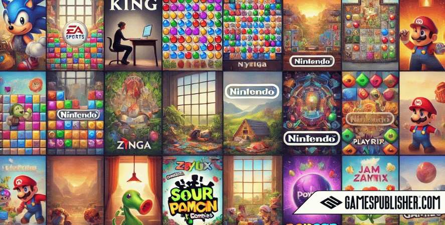 Here's the digital collage representing the top puzzle game publishers, featuring distinct sections for each highlighted publisher, such as King, Zynga, Nintendo, Jam City, Playrix, and PopCap Games.