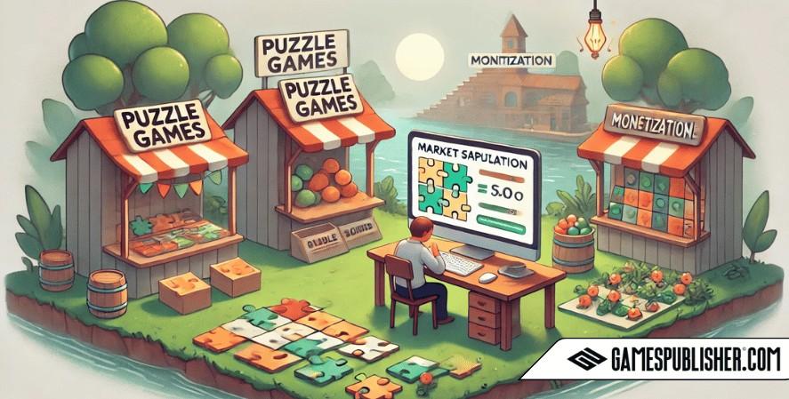 The updated illustration now depicts the key challenges faced by puzzle game developers in a naturalistic and serene setting.