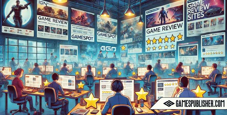 Journalists and editors are depicted researching and writing, surrounded by screens highlighting popular games and upcoming releases. Icons of stars for ratings and comments sections filled with gamer feedback enhance the scene, capturing the dynamic and informative nature of gaming media's impact on player decisions and trends.