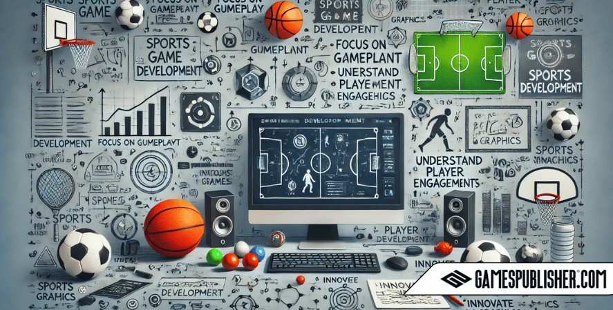 The background includes soccer balls, basketballs, and coding symbols, with a visible roadmap or checklist outlining key development tips like 'Focus on Gameplay,' 'Understand Player Engagement,' and 'Innovate in Graphics