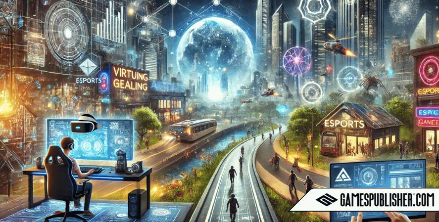 Here's the image depicting the future of the gaming industry, illustrating advanced virtual reality environments, high-tech gaming hubs, and the integration of augmented reality in urban settings. This visionary scene captures the dynamic and innovative potential of what's to come in gaming.