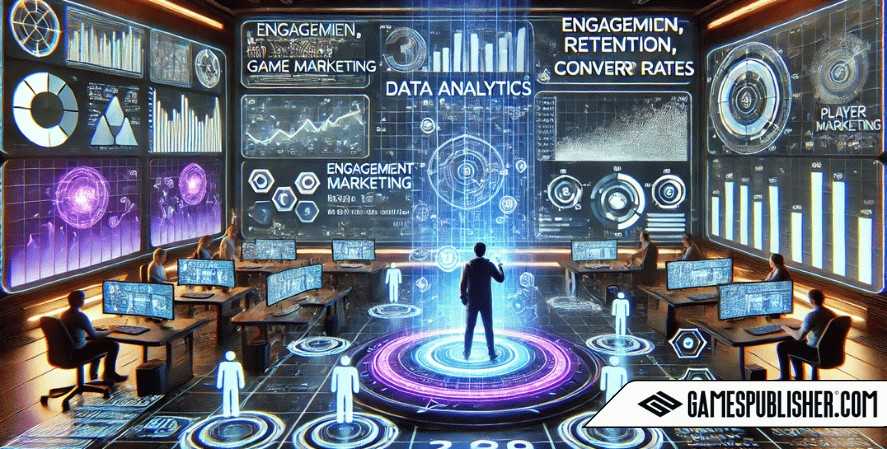 A marketer in the foreground uses a holographic interface to analyze real-time data, optimizing campaigns based on player behavior and feedback.