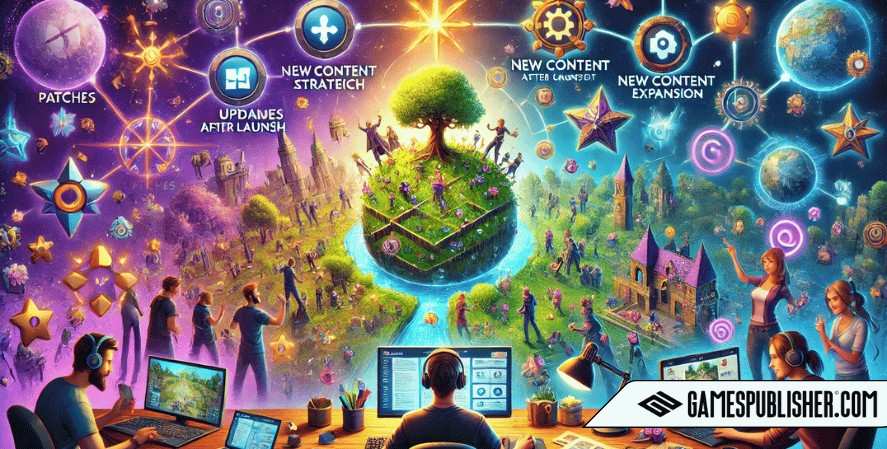 In the foreground, a game developer is working at a desk, surrounded by digital icons of patches, DLCs, and community feedback.