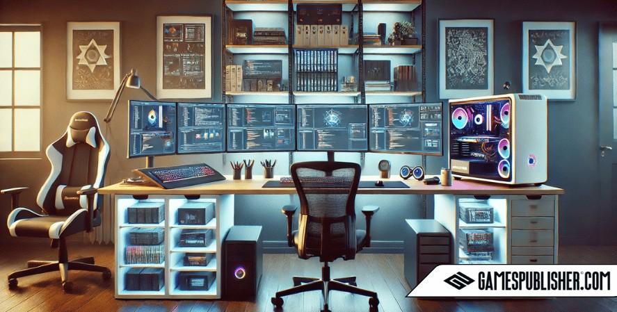 The workspace has a modern aesthetic with shelves holding reference books and framed game art on the walls, creating an inspiring and organized studio environment.