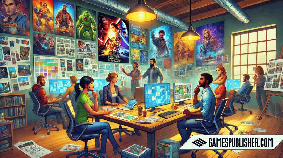 A dynamic office scene at a leading adventure game publisher with a diverse team of creatives discussing project ideas, surrounded by storyboards, character sketches, and game graphics.