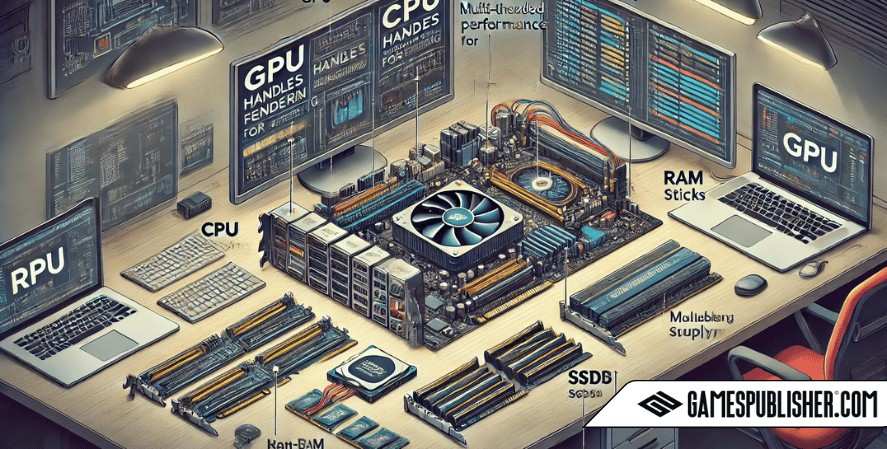 Illustration of essential hardware components for game development displayed on a workbench, including a high-end GPU labeled 'Handles complex rendering,' a multi-core CPU labeled 'Multi-threaded performance for compiling and simulations,' large RAM sticks labeled 'Manages large-scale projects,' multiple SSDs labeled 'High-speed storage for quick load times,' and a reliable power supply. The background shows a professional workspace with monitors displaying game design software, emphasizing the role of each component in creating a powerful development setup.