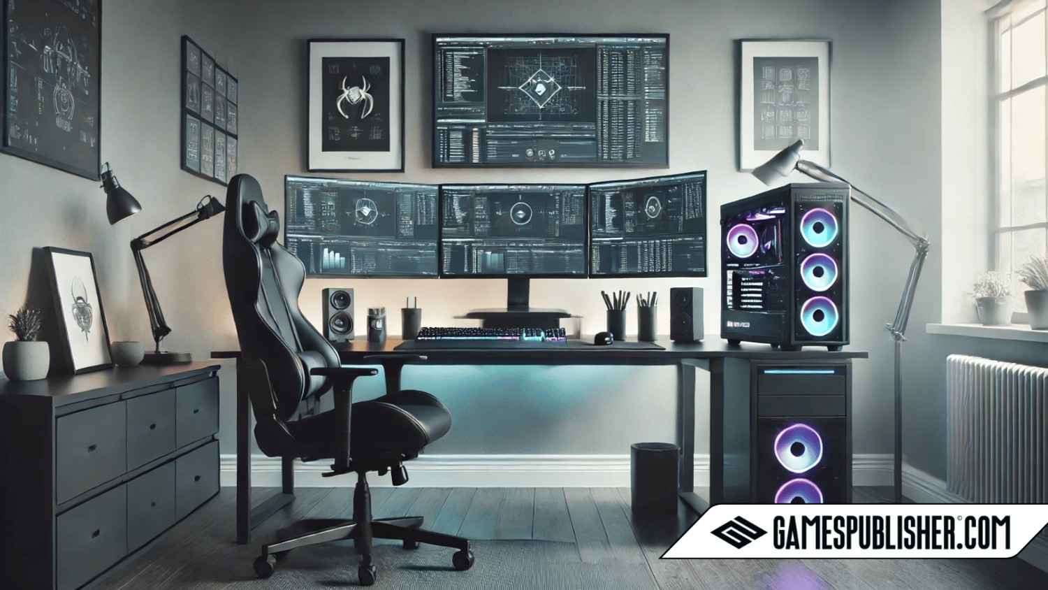 Illustration of a professional PC setup for game development, featuring a modern desk with dual widescreen monitors displaying advanced game design software. The setup includes a high-end mechanical keyboard, an ergonomic chair, and a powerful desktop tower with subtle RGB lighting. The workspace is clean and minimal, with essential tools like a graphics tablet, a notebook, and a stylus. The background includes framed concept art and a shelf displaying software boxes, creating a sleek and professional atmosphere.