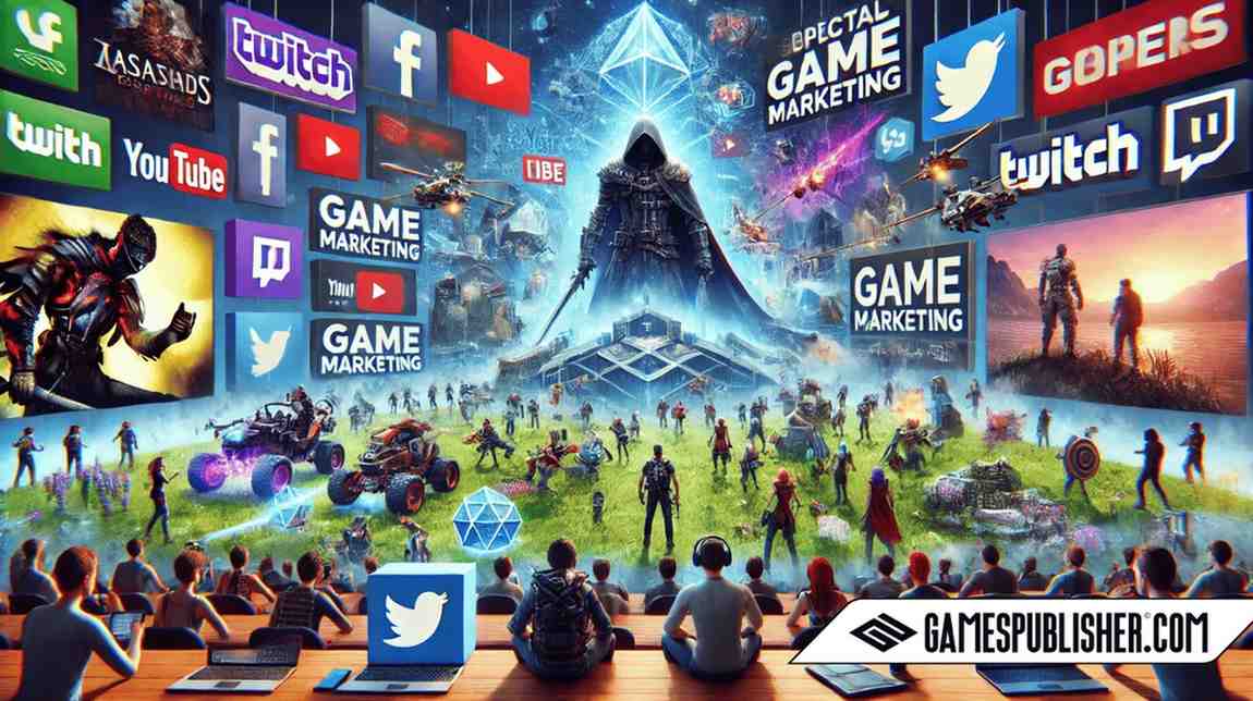 A vibrant digital scene representing game marketing strategies, featuring diverse game elements from fantasy, sci-fi, racing, and sports genres. Large digital billboards and social media icons (YouTube, Twitter, Twitch) promote game trailers and influencer streams. Gamers are seen watching from their devices, surrounded by trending hashtags and virtual items, capturing the essence of modern digital game marketing.