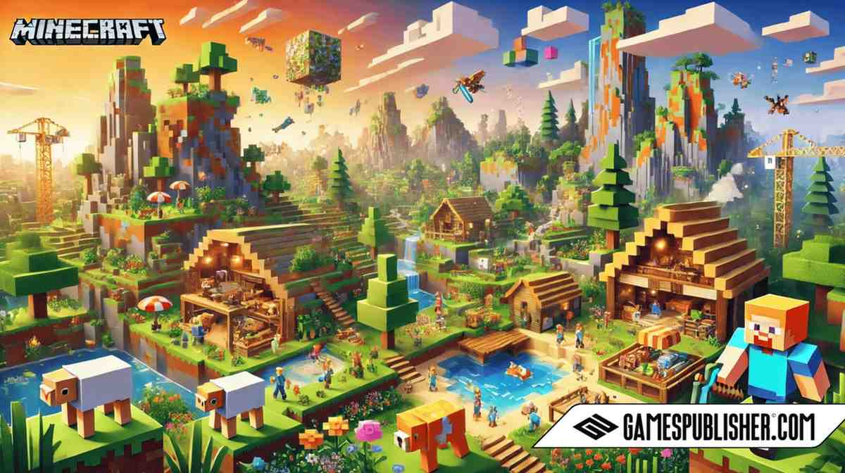 A colorful Minecraft scene showing diverse biomes, including forests, mountains, and caves. Characters are building structures with iconic blocky materials, showcasing the creativity and collaboration that define the game's appeal. A village and pixelated animals like sheep and cows are visible, symbolizing Minecraft's open-world sandbox environment.