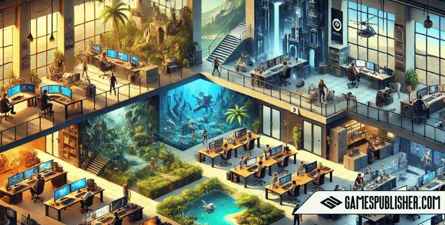 A creative office space divided into distinct sections representing top adventure game publishers, each themed around different fantastical environments like medieval castles, futuristic cities, and dense jungles, bustling with activity from designers and programmers.